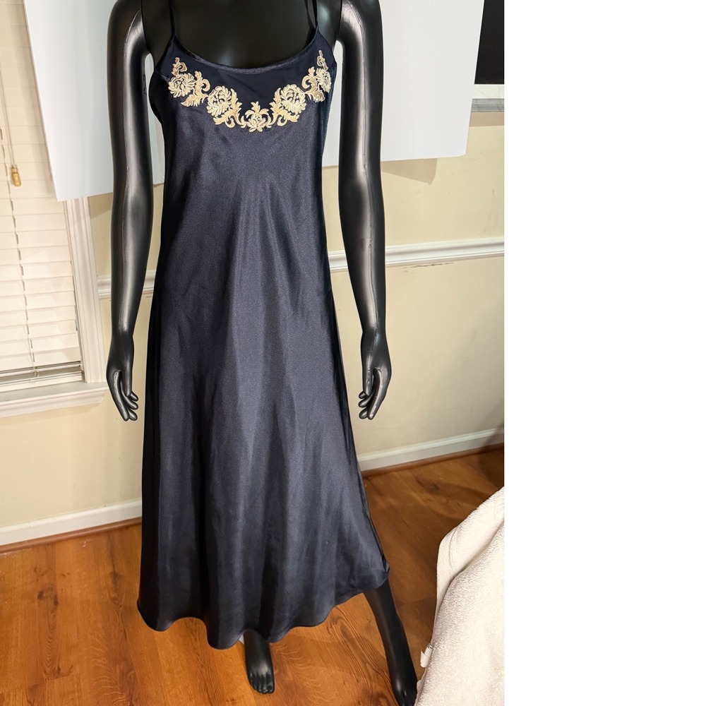 Vintage Navy Blue Satin Nightgown Gold Floral Embroidery V-Neck Chemise Large